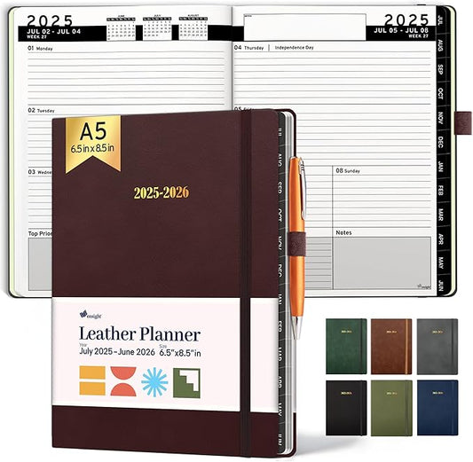 Ensight 2025-2026 HARDCOVER Leather Planner Weekly & Monthly - 6.5x8.5 Inches - Academic Planner Business Personal or Student - Pen Holder, Thick Paper, July 2025 - June 2026 (Red)