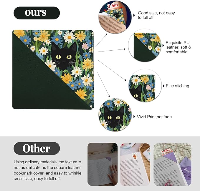 Black Cat Floral Corner Bookmarks 4 Pcs,Cute Funny Leather Bookmark Book Accessories for Book Lovers, Reading Book Page Markers for Women Men Kids Girls Boys Student Teacher Office Stationery