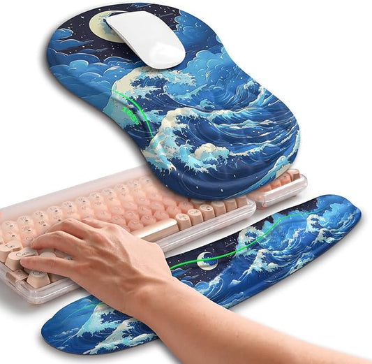 Hokafenle 2in1 Combination, Wave Keyboard Wrist Rest and Ergonomic Curvature Mouse Pad Wrist Support for Relieve Wrist Pain, Filled with Soft Cushion Memory Foam, Crescent Waves