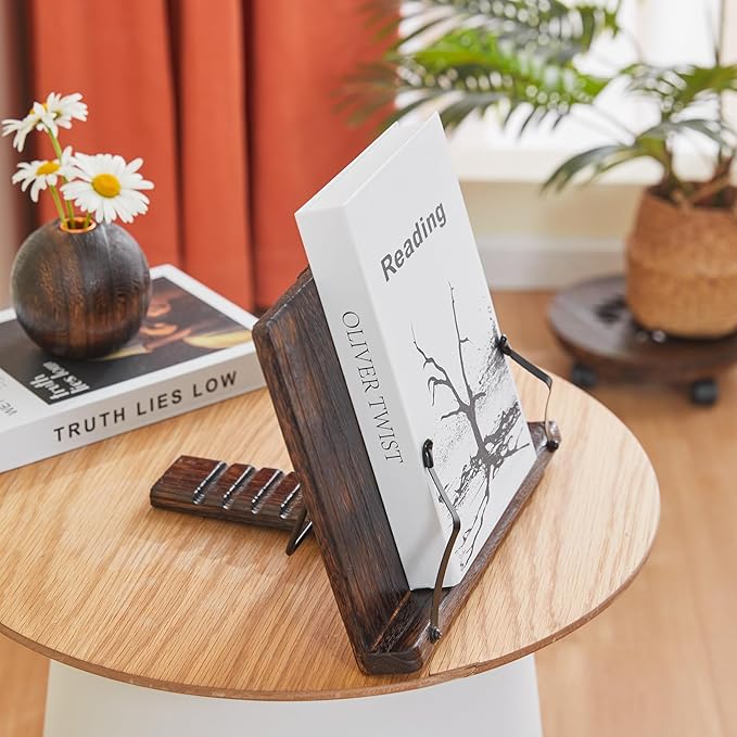 Wooden Book Stand Holder Adjustable,Portable Desktop Organizer for Cookbooks/Tablets,Hands Free Reading Rest with Ergonomic Design, Fits Books & iPads