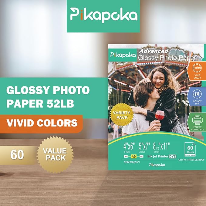 Glossy Photo Paper 4x6, 5x7, 8.5x11, 60 Variety Pack Bulk, Assorted Sizes, Inkjet printer, 52lb/200gsm