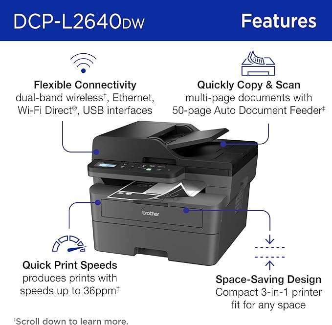 Brother DCP-L2640DW Wireless Compact Monochrome Multi-Function Laser Printer with Copy and Scan, Duplex, Mobile, Black & White | Includes Refresh Subscription Trial(1), Works with Alexa