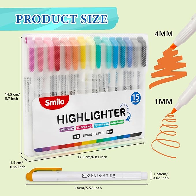 Smilo 15-Color Dual Tip Highlighters, No Bleed Quick Dry Bible Journaling Markers, Chisel and Fine Tip for School Supplies, Office & Study, Assorted Colors (15 Pack)