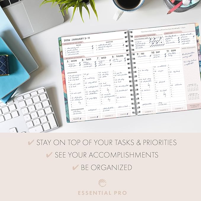 Essential PRO 2026 Daily, Weekly & Monthly Planner, 7"x9": 14 Months (Nov 2025 - Dec 2026) Monthly Tabs,Daily Tracking,Notes Pages,Storage Pocket,Bookmark w Sticky Notes (Teal Floral)