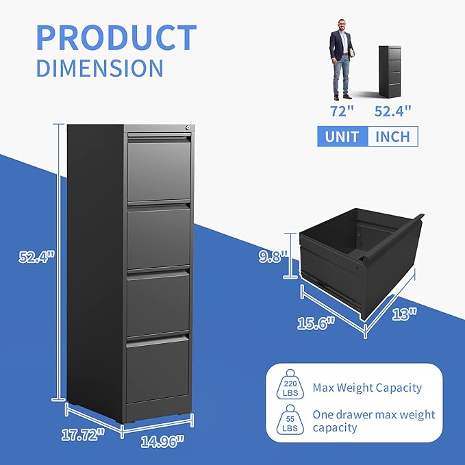 4 Drawer File Cabinet with Lock, Vertical File Cabinet with Lock, Locking File Cabinet Hanging Files for A4/ Legal/Letter, Require Assembly, Black
