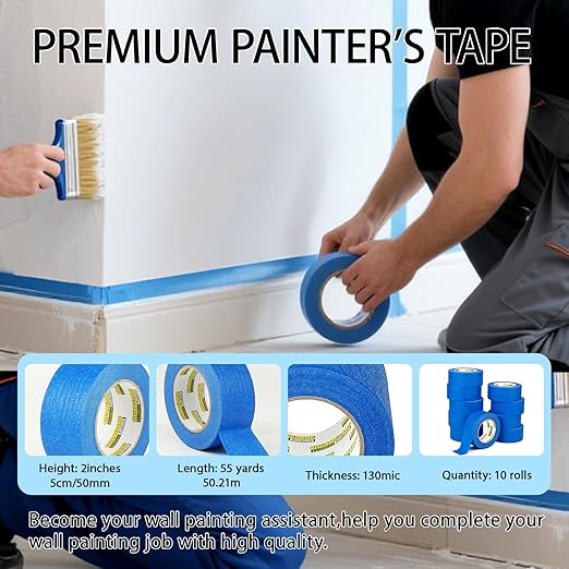Blue Painters Tape 10rolls,2Inch x 55Yards,Blue Masking Tape,Paint Tape for Wall Painting,DIY Crafts Arts,Painter's,Decoration Labeling,No Residue, Easy Removal