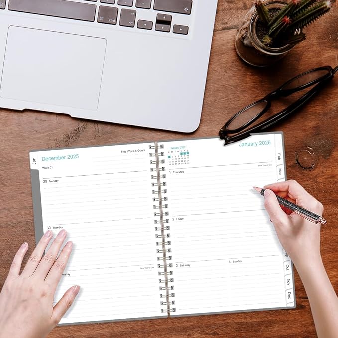 2026 Planner - Weekly and Monthly Calendar Planner from Jan 2026 - Dec 2026, Planner 2026 Spiral Bound with 12 Monthly Tabs, Inner Pocket, Perfect for School Office Supplies, 6.4" x 8.5", Grey-C