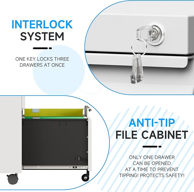 Bestoo 3-Drawer Mobile File Cabinet with Lock, Metal Filing Cabinet on Wheels for Home Office Under Desk, Fits File Folders, Letter/Legal/F4/A4 Size, Assembly Required (White)