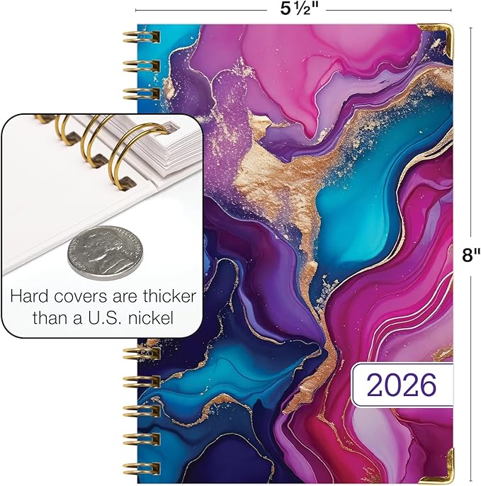 HARDCOVER 2026 Planner, 5.5"x8": 14 Months (November 2025 - December 2026), Daily Weekly Monthly Planner, Yearly Agenda, Bookmark, Pocket Folder and Sticky Note Set (Pink Purple Marble)