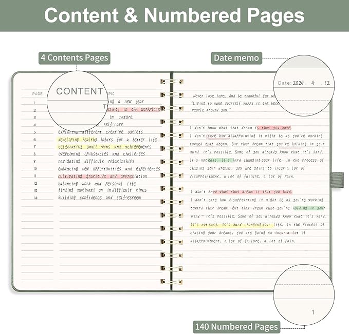 EMSHOI Lined Spiral Journal Notebook for Women & Men, 140 Numbered Pages, College Ruled Hardcover Notebook for Work & Note Taking, Journals for Writing, B5(7.48"x10.15") - Light Green