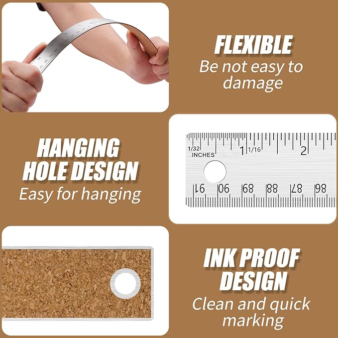 2PCS 36 Inch Metal Ruler, Stainless Steel Straight Edge Ruler with Cork Backing, Non-Slip Imperial & Metric Measuring Tool for School, Office, Woodworking, Drafting