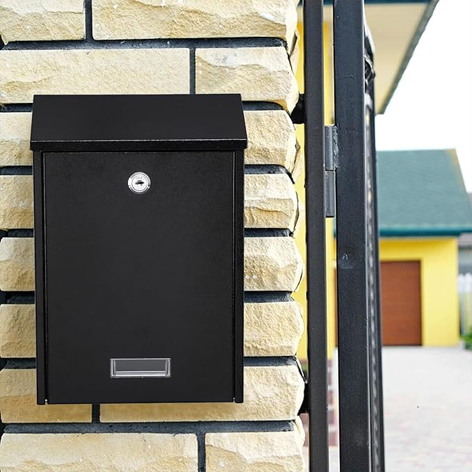 xydled Mail Boxes with Key Lock,Locking Mailbox Wall Mounted,Large Capacity,Steel Cover Metal Postbox for House, Black, 12.34''x8.5''x3''