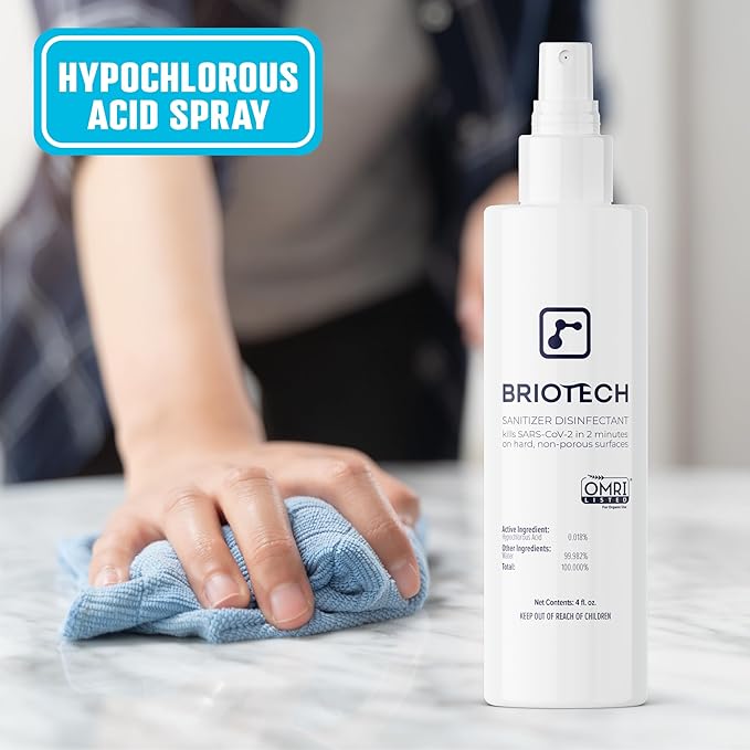 BRIOTECH Sanitizer Disinfectant Hypochlorous Spray, Kill 99.99% of Viruses & Bacteria, Control Mold, Eliminate Odor, Gentle for Nursery & Play Rooms, Food Contact Surface Sanitizer, 4 fl oz (2 Pack)