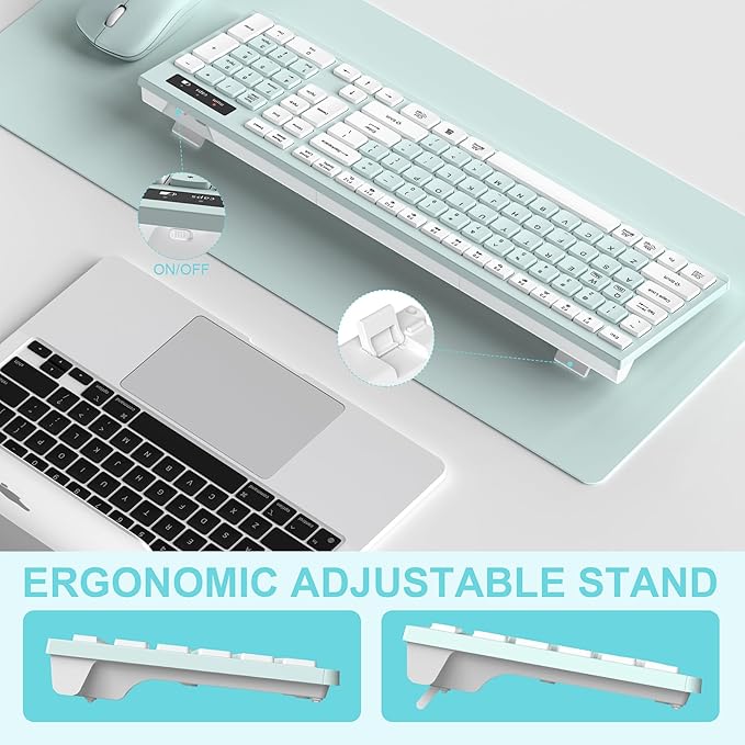Wireless Keyboard and Mouse Combo, Full-Sized Wireless Keyboard and Adjustable DPI Mouse, 2.4GHz USB Receiver, Keyboard and Mouse for PC, Windows, Desktop, Laptop (Mint Green and White)