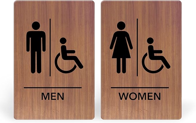 Promot Men and Women Handicap Restroom Sign – ADA Braille Bathroom Sign for Business, Self-Adhesive, 9" x 6", Commercial Door Signage, Office Wall Decor - Chestnut