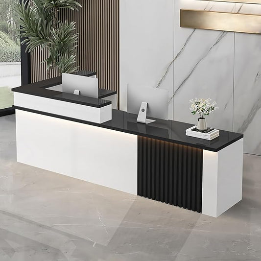 L-Shaped Receptionist Desk，Office Front Desk Reception Counter with Hidden Lighting & Storage Drawer Commercial Checkout Counter Sturdy for Salon Clinic Clothing Store