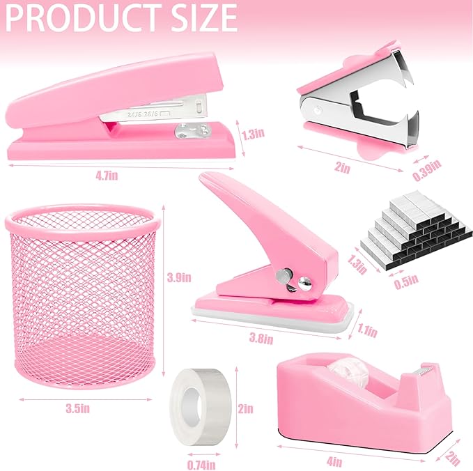 Pink Desk Accessories Set - 16 Pcs Pink Office Supplies with Stapler, Tape Dispenser, Pen Holder, Staple Remover, Hole Punch, Practical Aesthetics Desk Sets for Office, Home, School Women