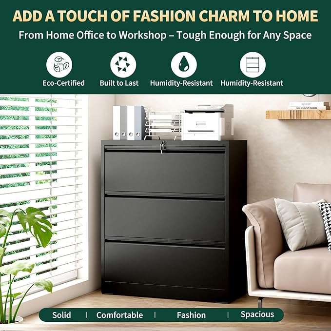 Lateral File Cabinet with Lock, 3 Drawer Metal File Cabinets for Home Office, Large Filing Storage Cabinet Printer Stand, Steel Wide File Cabinet for Legal/A4/F4/Letter Size Files, Black