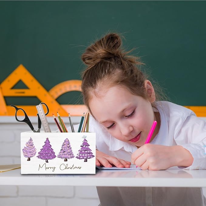 Purple Christmas Tree Pen Holder for Desk, Merry Christmas Holiday Winter Wooden Box Sign Desk Decor for Home Office Decoration, Glitter Xmas Tree Pencil Organizer