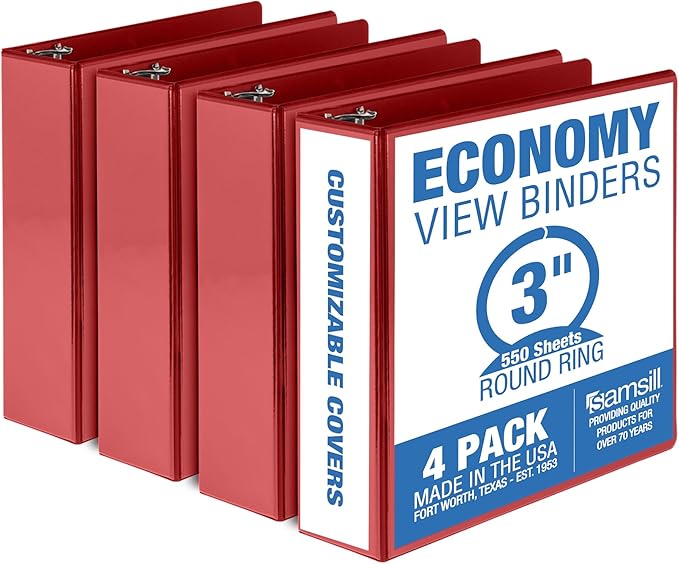 Samsill 3 Inch 3 Ring Binders, Made in USA, Economy Round Ring, Clear View Cover, 550 Sheet Capacity - for School, Home, Office - Red, 4 Pack