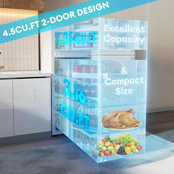 TABU 4.5 Cu.Ft Refrigerator with Top Freezer, Compact Double Door Fridge with Adjustable Thermostat & Removable Shelves, for Home, Office and Apartment, White