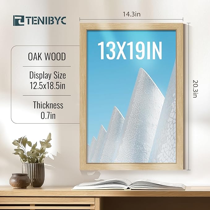 13x19 Picture Frame 3 Pack, Natural Oak Wood Grain & HD Tempered Glass, Gallery Poster Frame - Wall Hanging