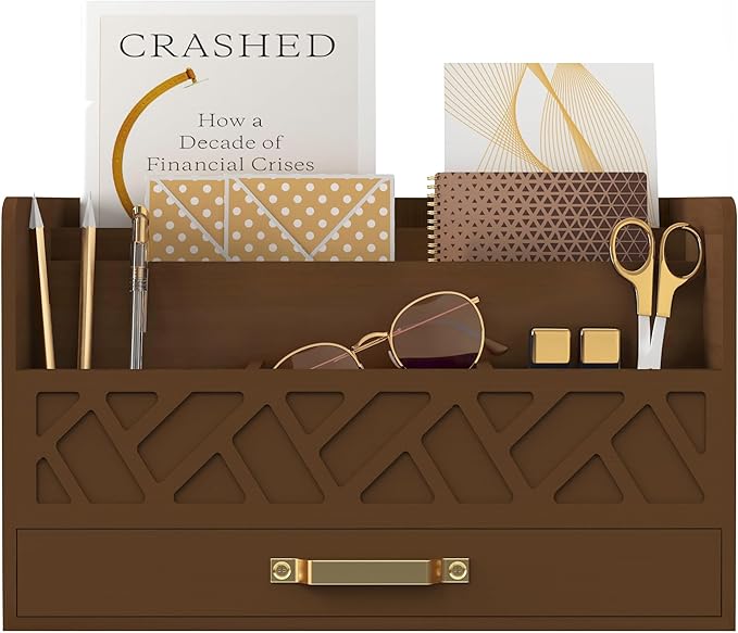 Bamboo Mail Organizer Countertop Wood Desk Organizer Drawer Tabletop Storage Box Letter Sorter Makeup Organizer for School Home Office Supplies Brown