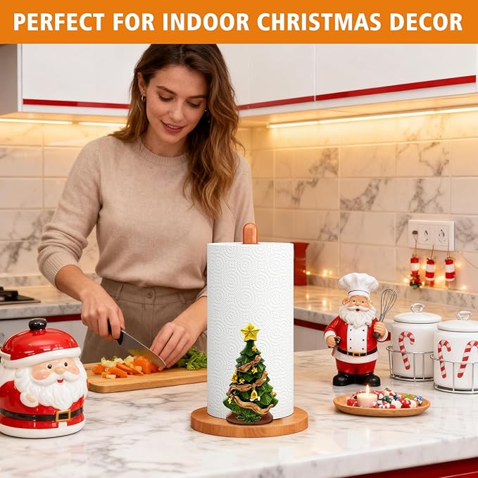 GAJ Christmas Decorations Paper Towel Holder Countertop, 3D Christmas Tree Kitchen Counter Decor, Cute Resin Wooden Stand for Bathroom&Home Indoor Table, Winter Xmas Gift for Women, Housewarming Gifts
