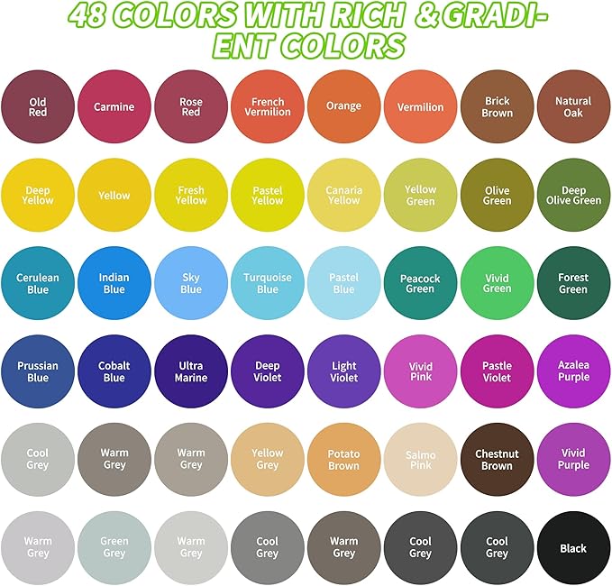 Alcohol Markers 48 Colors - Dual Tip Alcohol Based Art Markers for Kids, Students & Families - Quick Drying, Blendable Marker for School Work, Coloring Books, Drawing with Portable Storage Bag
