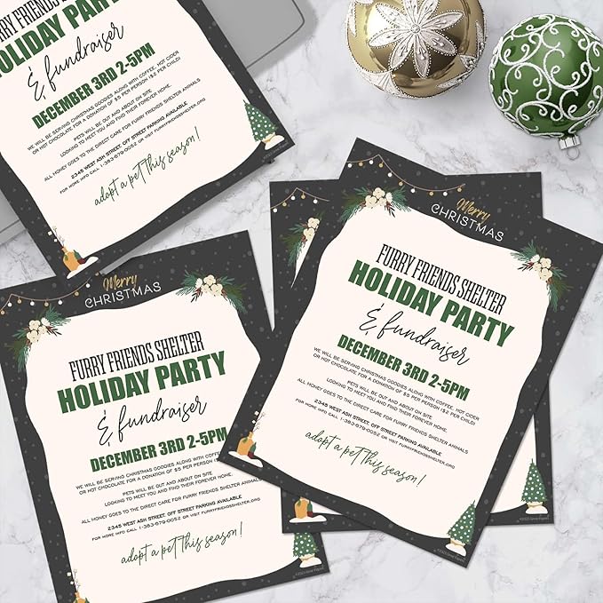 Greenery Merry Christmas Black Letterhead / 50 Sheets / 8.5" x 11" Festive Tree Lights Holiday Paper/Decorative Winter Stationery