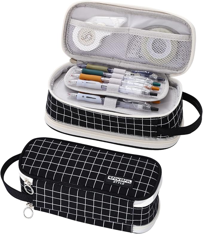 Large Pencil Case Zipper Pencil Pouch for Girls Boys Adults Kids Aesthetic Pencil Bag Organizer Big Capacity Pens Bag with Handle Portable for School Office Black-plaid