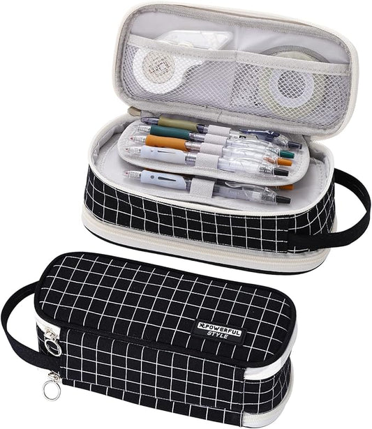 Large Pencil Case Zipper Pencil Pouch for Girls Boys Adults Kids Aesthetic Pencil Bag Organizer Big Capacity Pens Bag with Handle Portable for School Office Black-plaid
