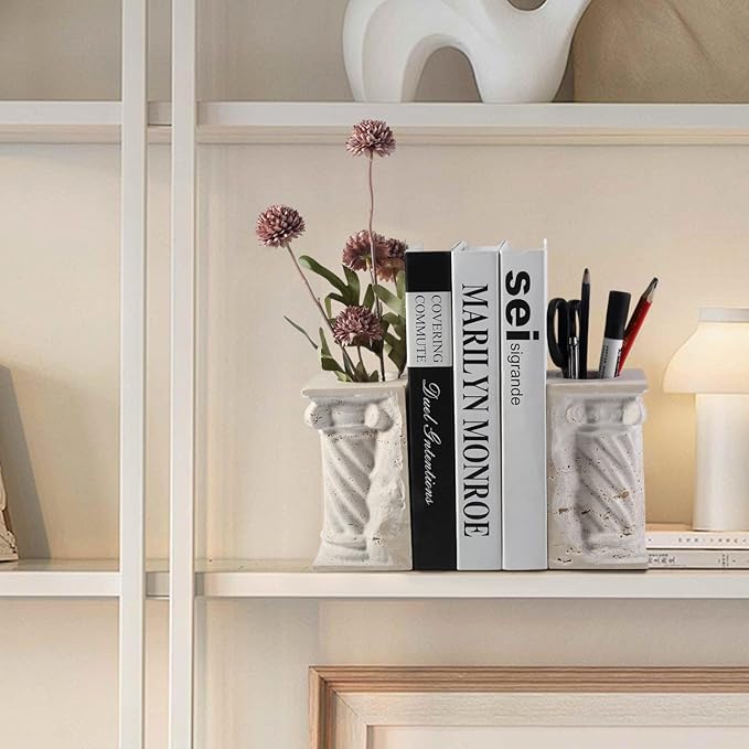 Roman Column Book Ends Decorative, 4-in-1 Heavy Duty Marble Bookend for Shelves, Unique Pen Holder & Mini Flower Vase, Classic Greek Statue for Office Home Desk Decor (2PC, Beige)