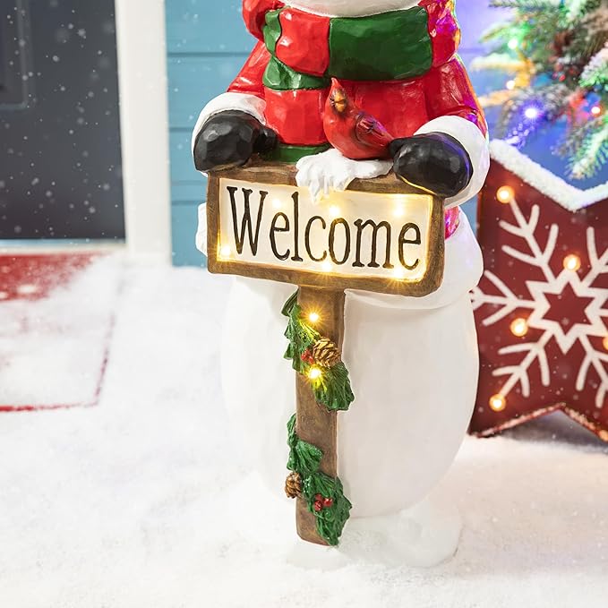 Glitzhome 29.25"H Christmas Resin Snowman Porch Decor with 8 Warm Lights and Timer, Xmas Winter Wall Yard Standing for Patio Front Porch Indoor Outdoor Home Welcome Sign Decor