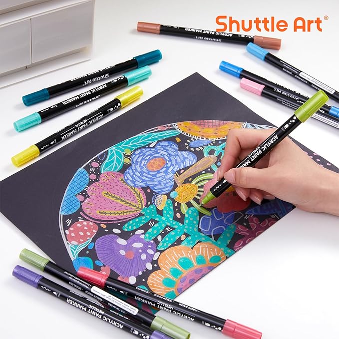 28 Metallic Colors Dual Tip Acrylic Paint Markers, Brush Tip and Dot Tip Acrylic Paint Pens for Rock Painting, Ceramic, Wood, Canvas, Plastic, Glass, Stone, Calligraphy, Card Making, DIY Crafts