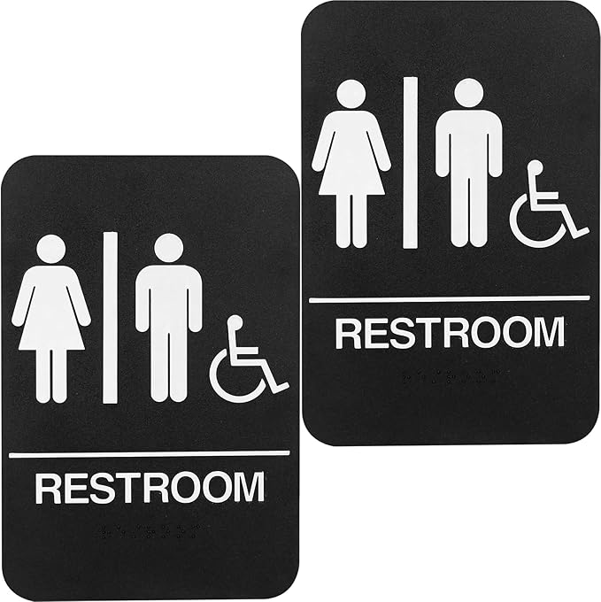 2PCS Self-Adhesive Business Restroom Sign,ADA Compliant Braille Unisex Bathroom Sign,Public Restroom Sign,Size: 9"" X 6""., Balck