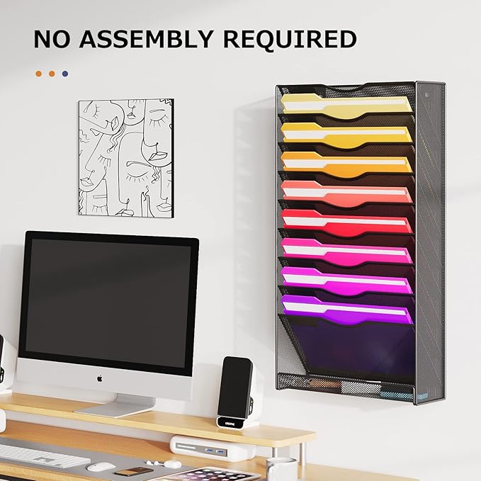 10-Tier Hanging Wall File Organizer Wall Mounted File Holder Document Wall Organizer for Office Organization and School Storage (No Assembly Required) (10 Tier Black)