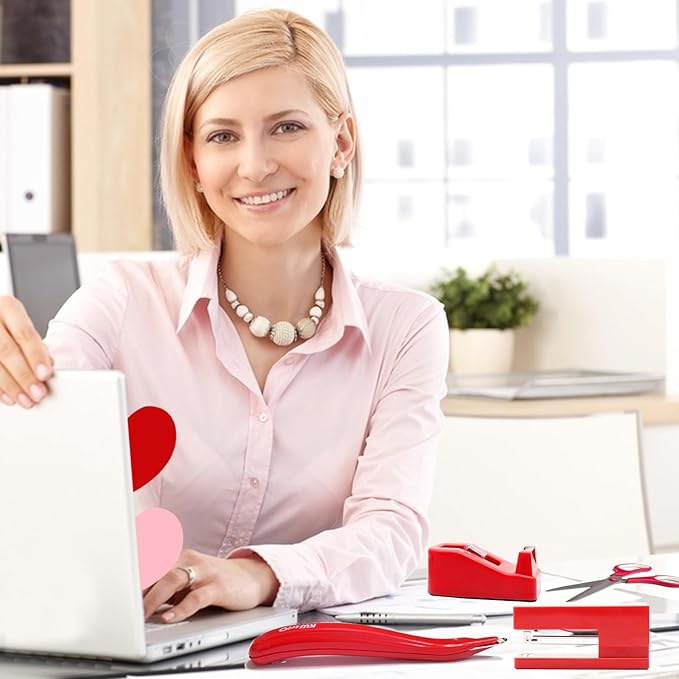 Red Stapler and Tape Dispenser Set - Office Accessory Kit, Gift for Students, Women, Coworkers, Boss Lady, Office Clerks