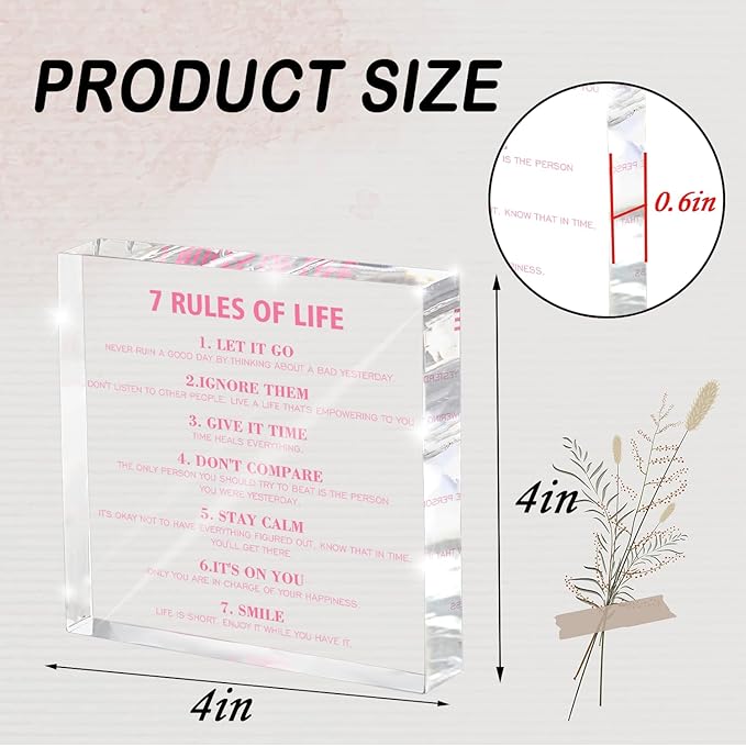 7 Rules of Life Acrylic Desktop Decor, Pink Motivational Acrylic, Desktop Motivational Slogan, Suitable for Office and Home, Suitable for Women and Teens 4x4 Inch