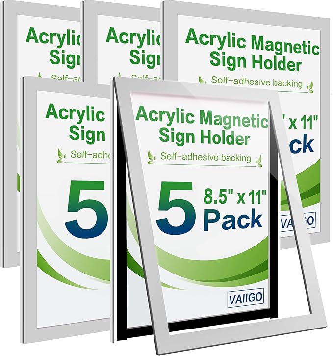 Acrylic Sign Holder 8.5" x 11" Wall Mount, Self Adhesive Magnetic Display Frame with Nano Tape, Plastic Clear Document Frame for Office, Store, School, Home, Wall Picture Frame (Silver, 5Pack)