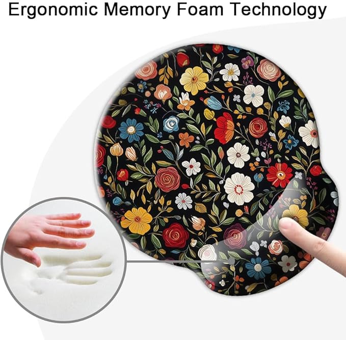 Ergo Comfort Gel Wrist Rest Mouse Pad-Ergonomic Office Mousepad with Wrist Support-Non-Slip, Design Desk Accessories Mat for Home&Game Decor Black Floral