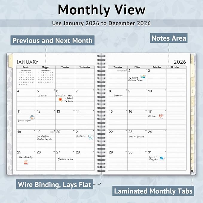 CRANBURY Daily Planner 2026, 8.5x11 Appointment Book, Jan to Dec 2026, 15-Min Hourly Scheduler, Large Planner Book with Colorful Tabs, Premium Paper (Floral)