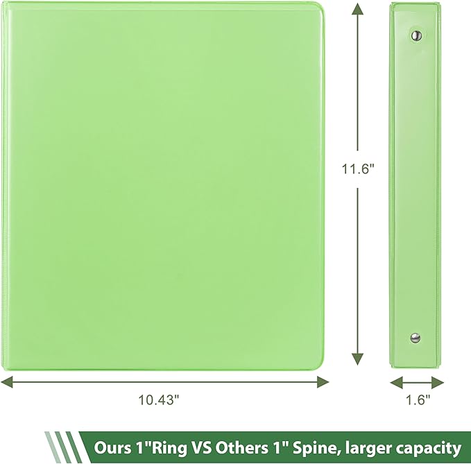 COMIX Standard 3 Ring Binder 1 inch with Clear View Cover, 1" Round Ring View Binder Holds 200 Sheets of US Letter Size Paper, 6 Pack (Light Green)