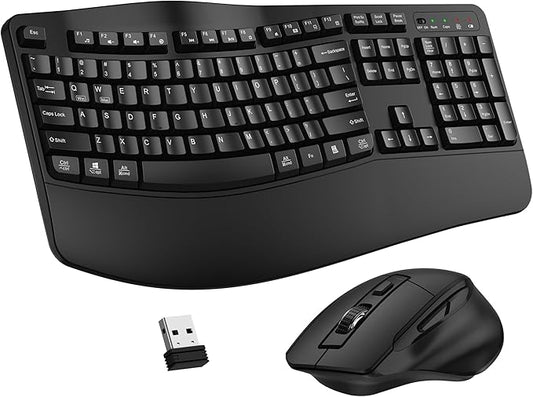 Wireless Keyboard and Mouse Combo, 2.4G Full Size Wave Keys Ergonomic Keyboard with Wrist Rest and 3-Level DPI Adjustable Wireless Ergonomic Mouse for Windows, Mac OS Desktop/Laptop/PC(Black)