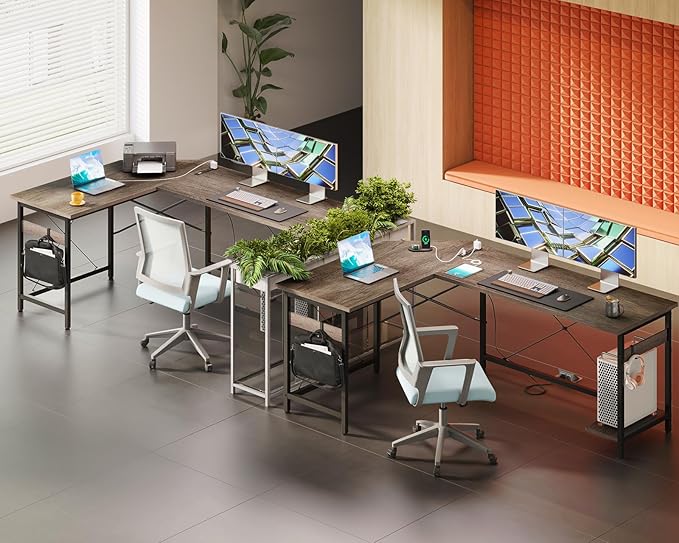 Coleshome 66" L Shaped Gaming Desk with Outlet, L Shaped Desk with CPU Stand, Corner Computer Desk, Home Office Desk, Writing Desk, Grey Oak