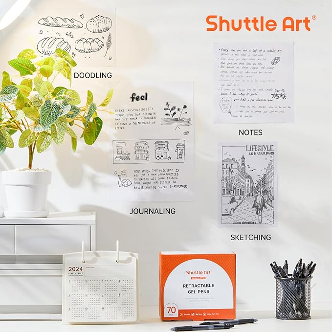 Shuttle Art Black Gel Pens, 70 Pack Retractable Medium Point Rollerball Gel Ink Pens Smooth Writing with Comfortable Grip for Office School Home Work