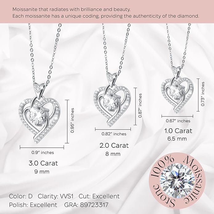Moissanite Pendant Necklace for Women – 925 Sterling Silver Necklace for Women Heart Pendant, Dainty Silver Jewelry Gift Box for Mom Wife Girlfriend – Birthday Anniversary (1-3 CT)