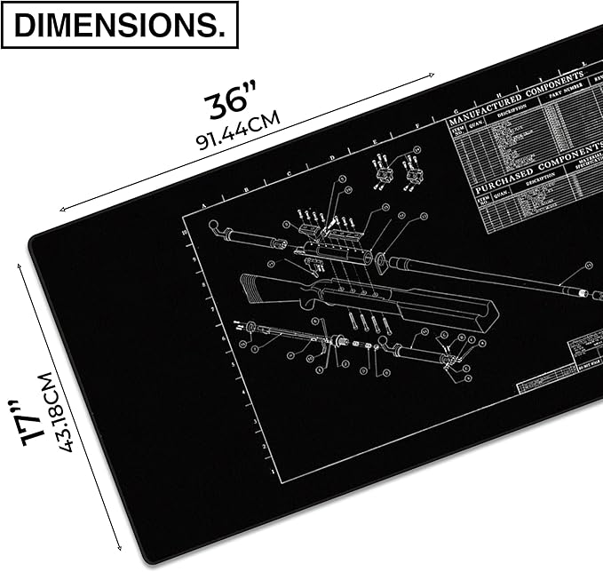 MPCO. Blueprints Large Gaming Desk Pad - 36" x 17" Duraglyde Fabric Browning 50 Cal – Black Desk Mats - Non-Slip, Washable, Smooth Glide for Precision Gaming & Work