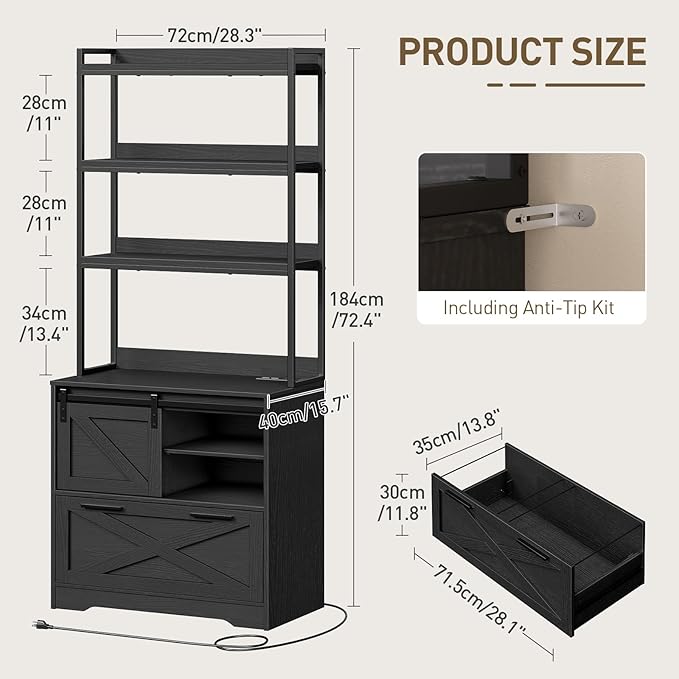 File Cabinet with Charging Station, Vertical Filing Cabinet with Shelves, Black File Cabinet for Home Office, Printer Stand with Open Storage Shelves & Barn Doors, Fits A4/Letter Files