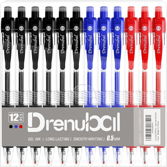 Assorted Color Quick-Dry Ballpoint & Gel Ink Pens - 12-Pack 0.5mm Fine Point Retractable for School Office, Rubber Grip - Smooth Writing Pens